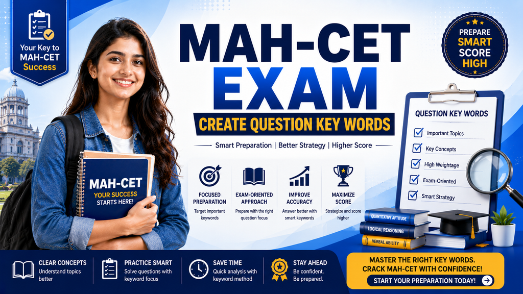 Infographic showing MAH-CET 2027 exam pattern, 4 sections, and syllabus