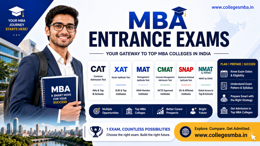 Infographic showing the MBA entrance exam calendar 2027 from CAT in Nov 2026 to CMAT in April 2027