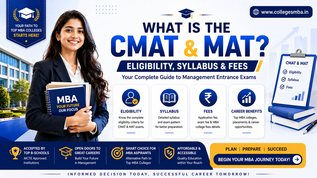 Infographic comparing CMAT and MAT 2027 exam patterns, sections, and syllabus
